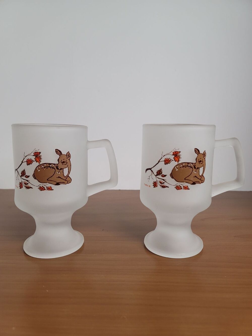Set of Two Vintage Indiana Glass Tiara Deer Frosted Footed Glass Mug